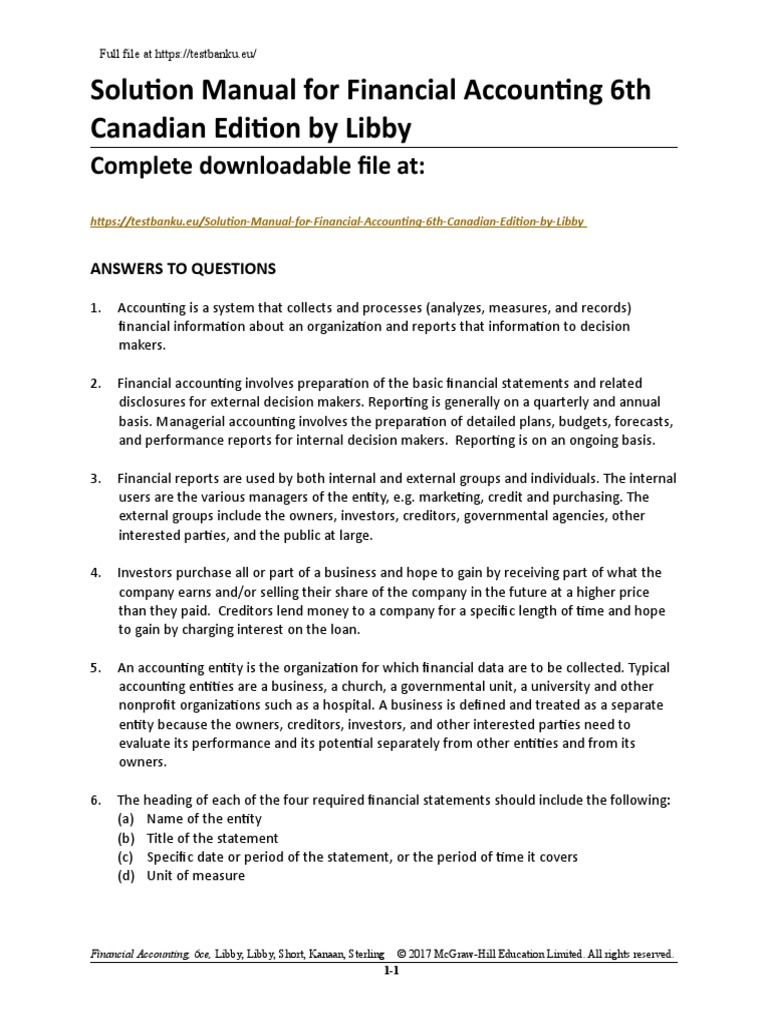 Solution Manual For Financial Accounting 6th Canadian Edition by Libby ...