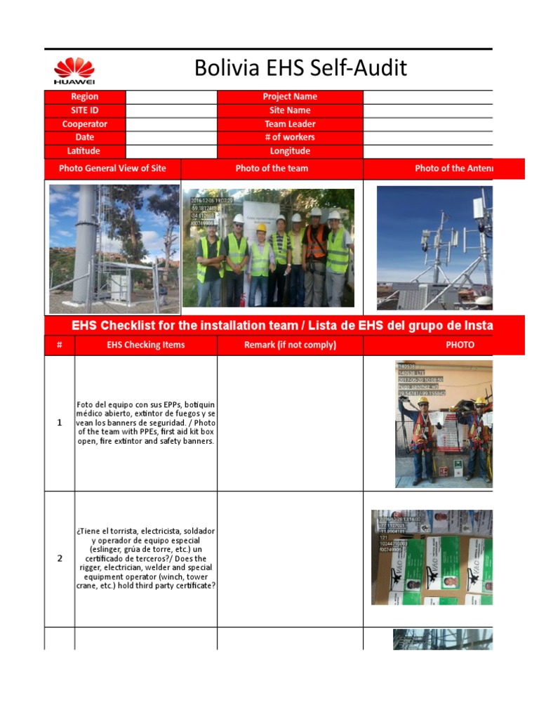 Bolivia EHS Self-Audit: EHS Checklist For The Installation Team / Lista ...