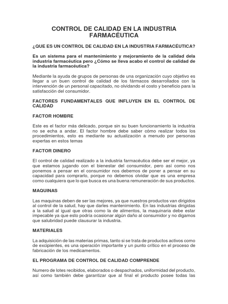 Control de Calidad en la Industria Farmacéutica | PDF | Industria ...