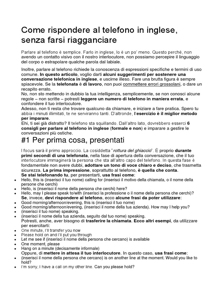 Come Rispondere Al Telefono in Inglese PDF