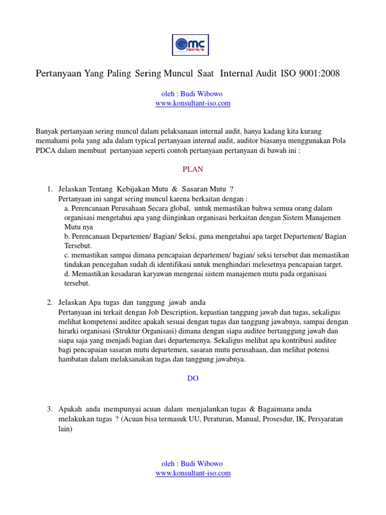 Pertanyaan yang sering muncul Internal Audit ISO 9001 2008