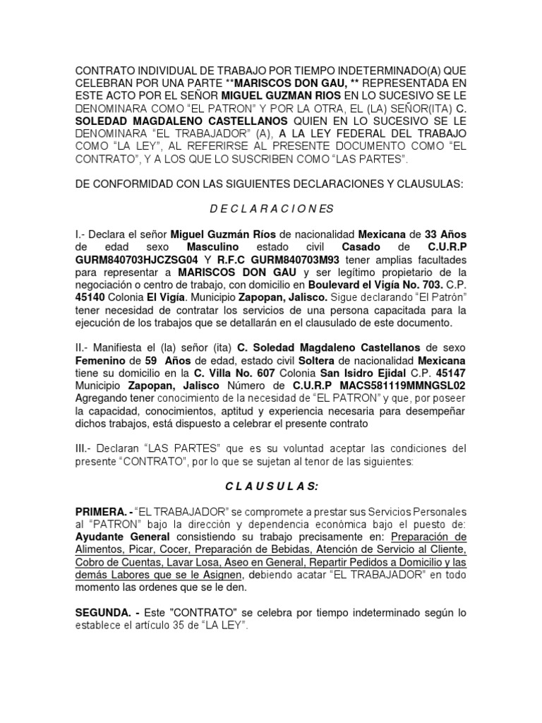 Contrato Individual de Trabajo mexico 2018 Salario