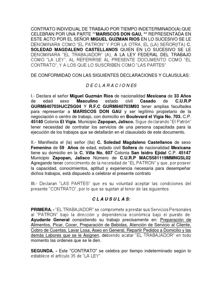 Contrato Individual de Trabajo mexico 2018 Salario