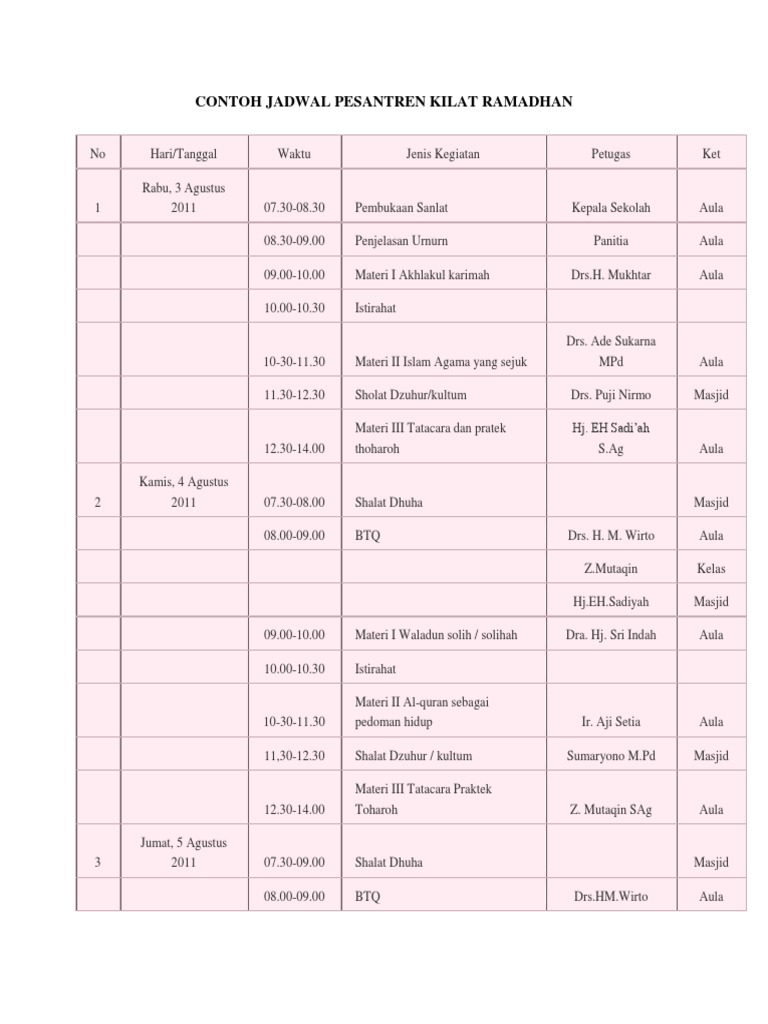 Contoh Jadwal Pesantren Kilat Ramadhan