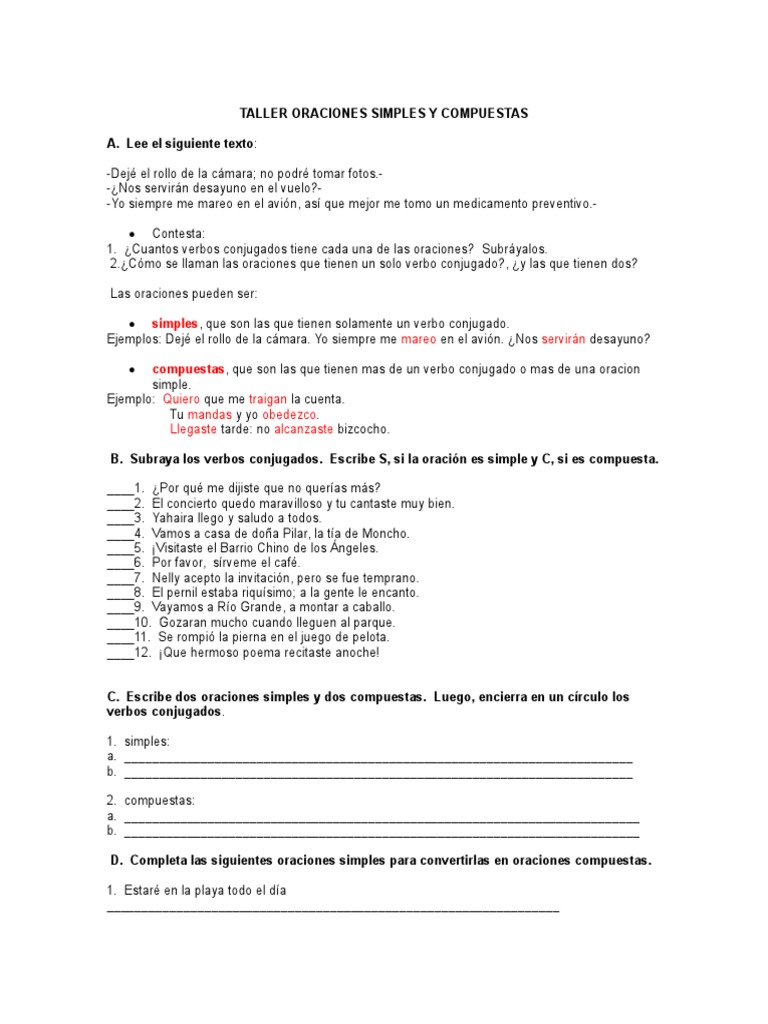 Taller Oraciones Simples y Compuestas | PDF | Verbo | Oración (Lingüística)