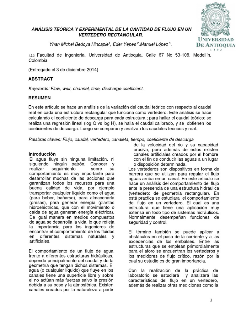 Análisis de Caudal en Vertedero Rectangular | PDF | Descarga ...