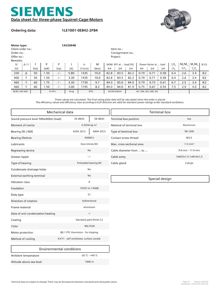 Siemens 1LE1001 Motor Datasheet | PDF | Building Engineering | Applied ...
