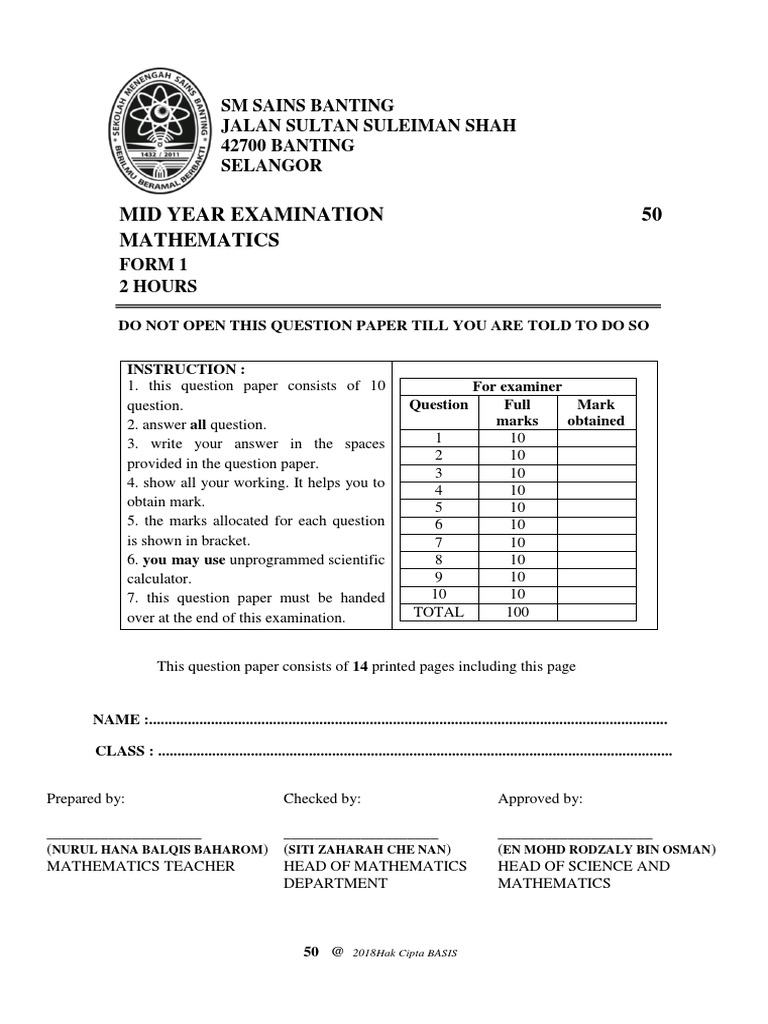 Mid Year Examination Question Paper for Form 1 Mathematics Exam ...