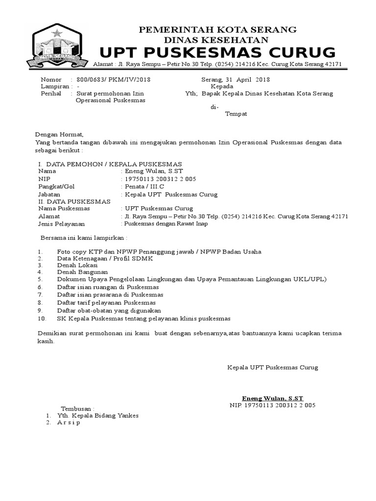 SURAT PERMOHONAN SURAT IJIN OPERASIONAL PUSKESMAS 2018 (Tidak Lengkap
