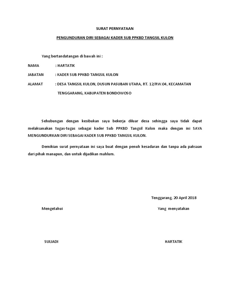 Contoh Surat Pernyataan Pengunduran Diri