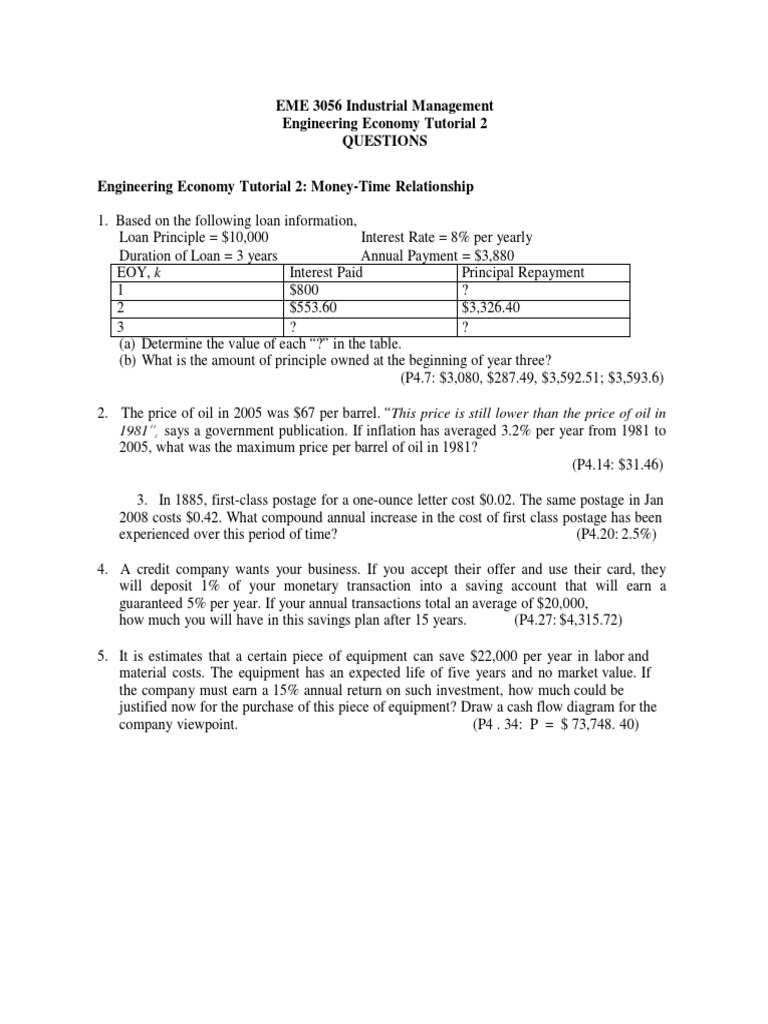 Engineering Economy Tutorial Questions | PDF | Business | Finance ...