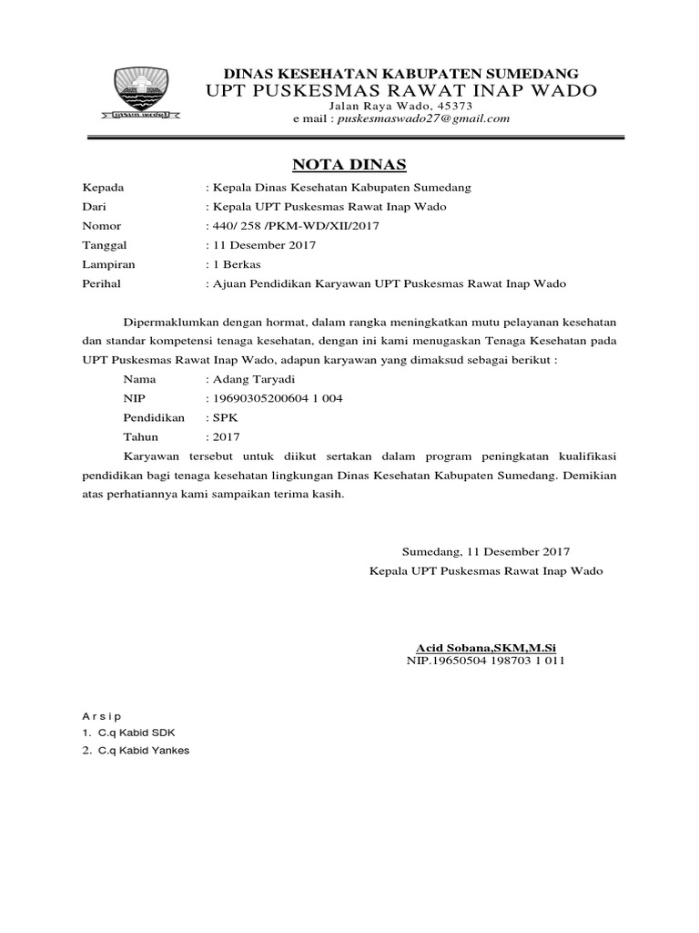 Contoh NOTA DINAS Pendidikan & Pelatihan