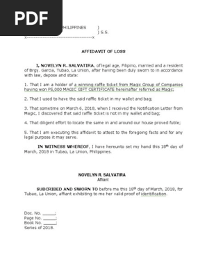 Affidavit of Loss Raffle Ticket