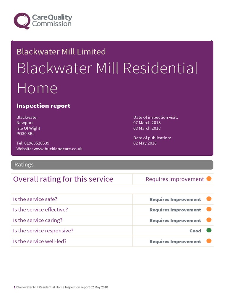 Blackwater Mill Residential Home CQC Report PDF Business