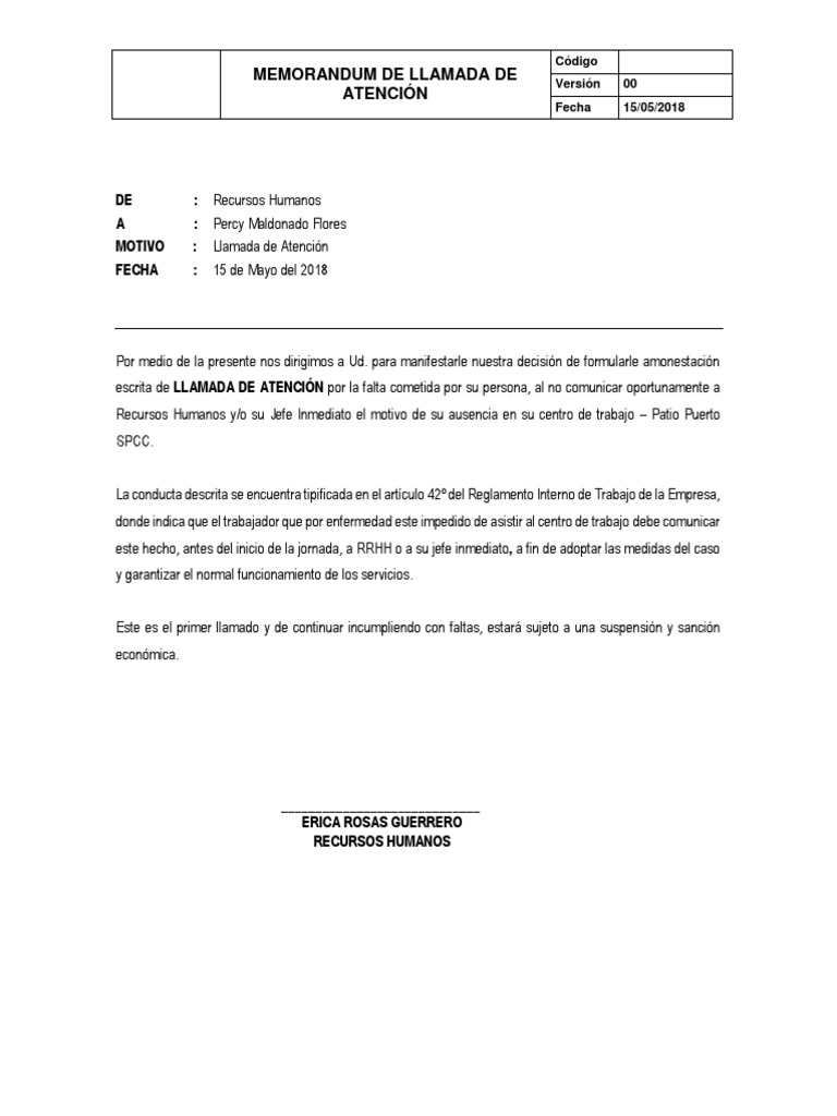 Memorandum Llamada de Atención PDF