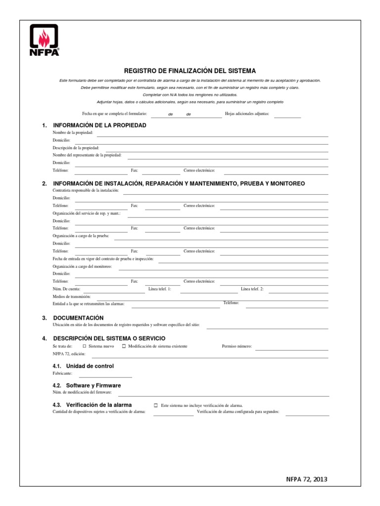 Registro de Finalizacion Del Sistema de Deteccion Contra Incendio NFPA ...