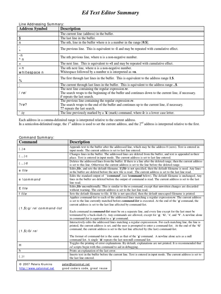 Ed Text Editor Cheat Sheet | PDF | Regular Expression | Command Line ...