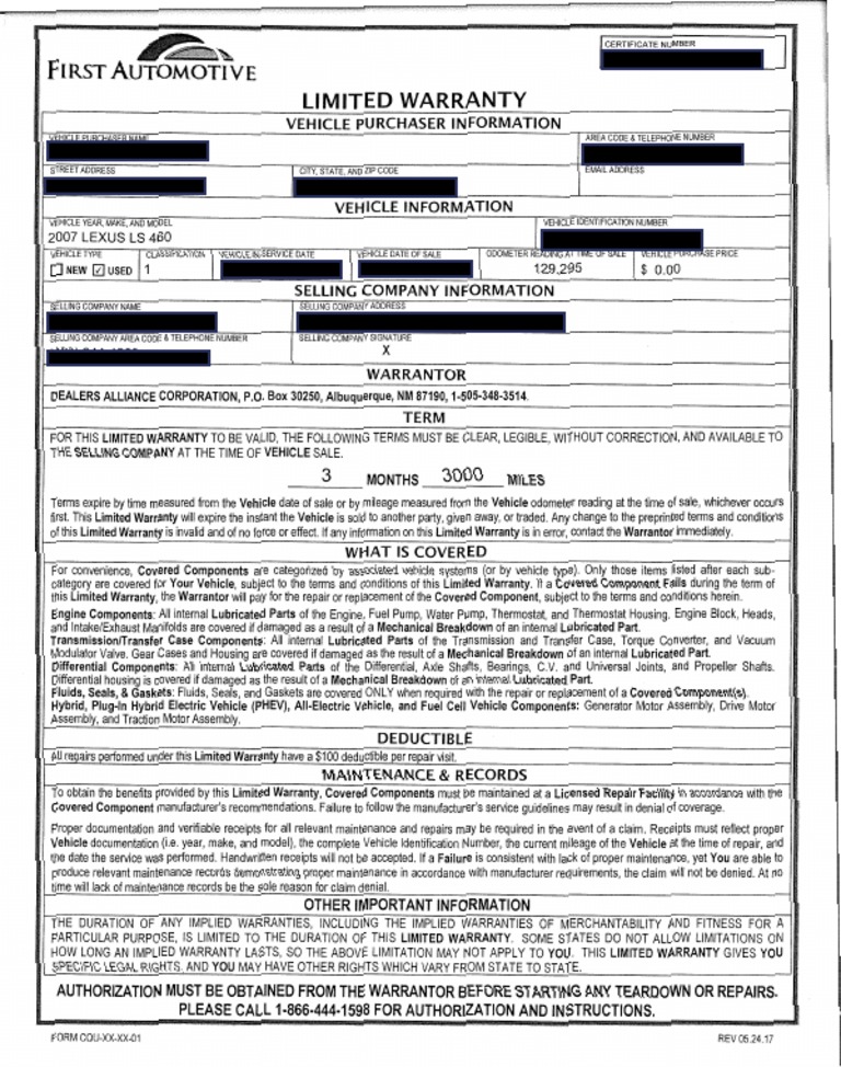 Car Warranty First Automotive PDF Transmission (Mechanics) Engines