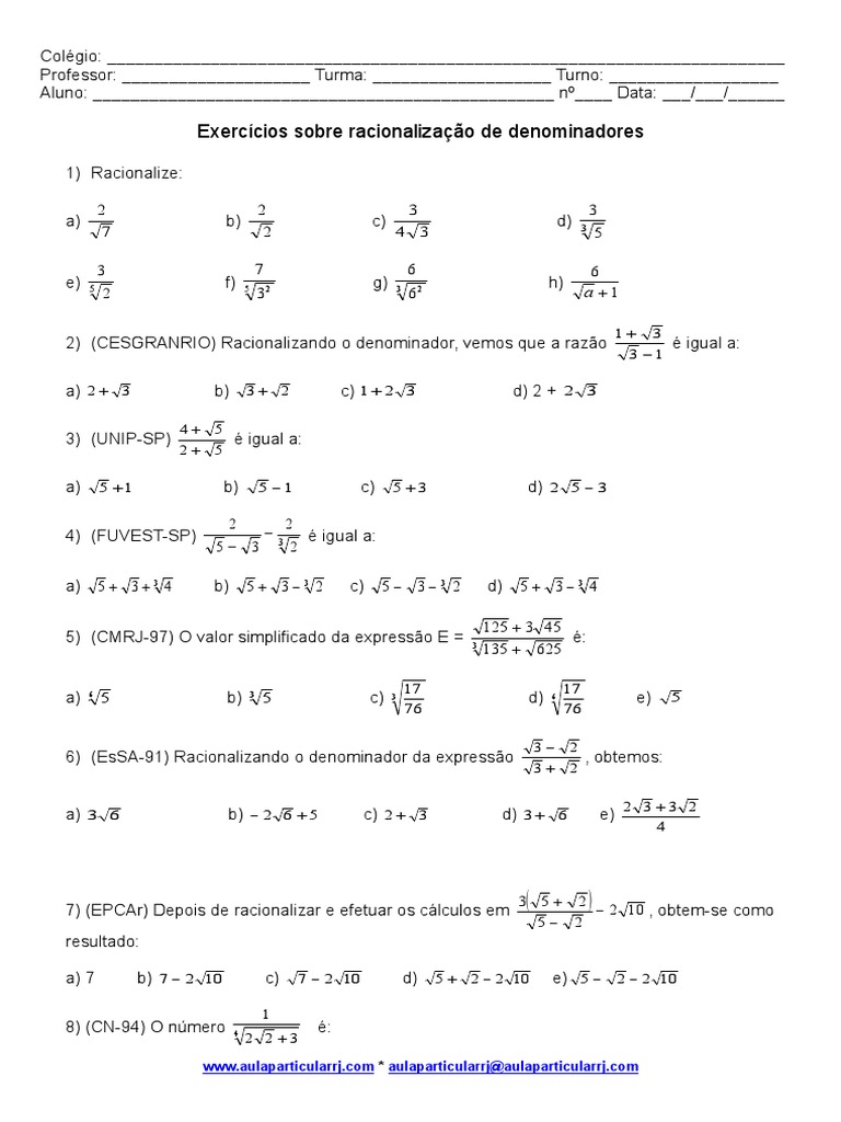 Exercícios - Racionalização de Denominadores | PDF | Fração (Matemática ...
