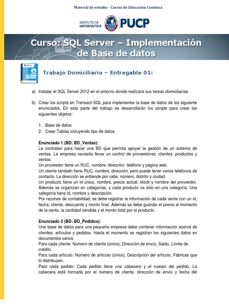 Domiciliario: Creación de Base de Datos SQL | PDF | Servidor SQL de ...