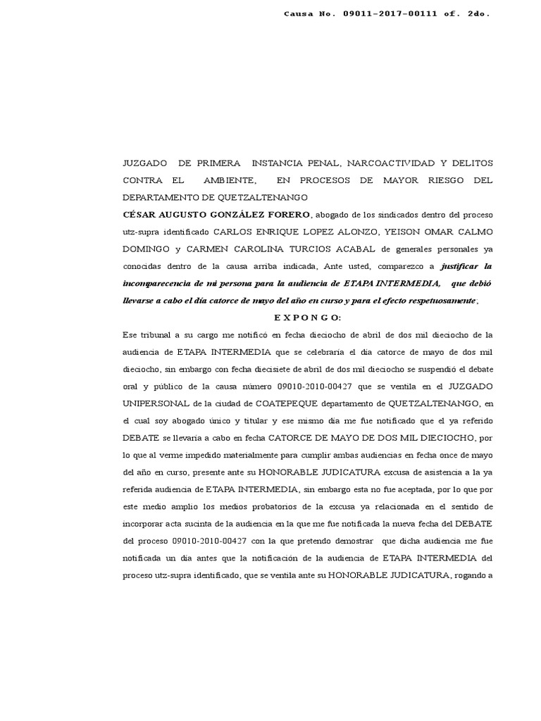 Excusa Inasistencia A Audiencia Penal | PDF | Derecho penal | Guatemala