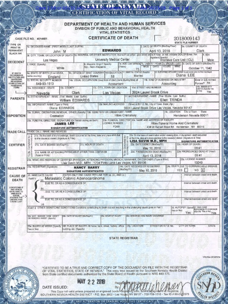 John Edwards's Death Certificate | PDF