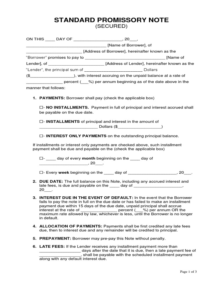 Standard Secured Promissory Note Template  PDF  Promissory Note In Secured Promissory Note Template