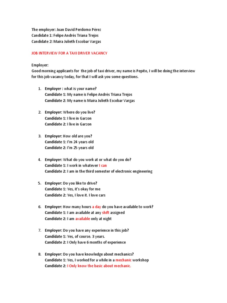 Taxi Driver Interview: Candidates' Responses | PDF