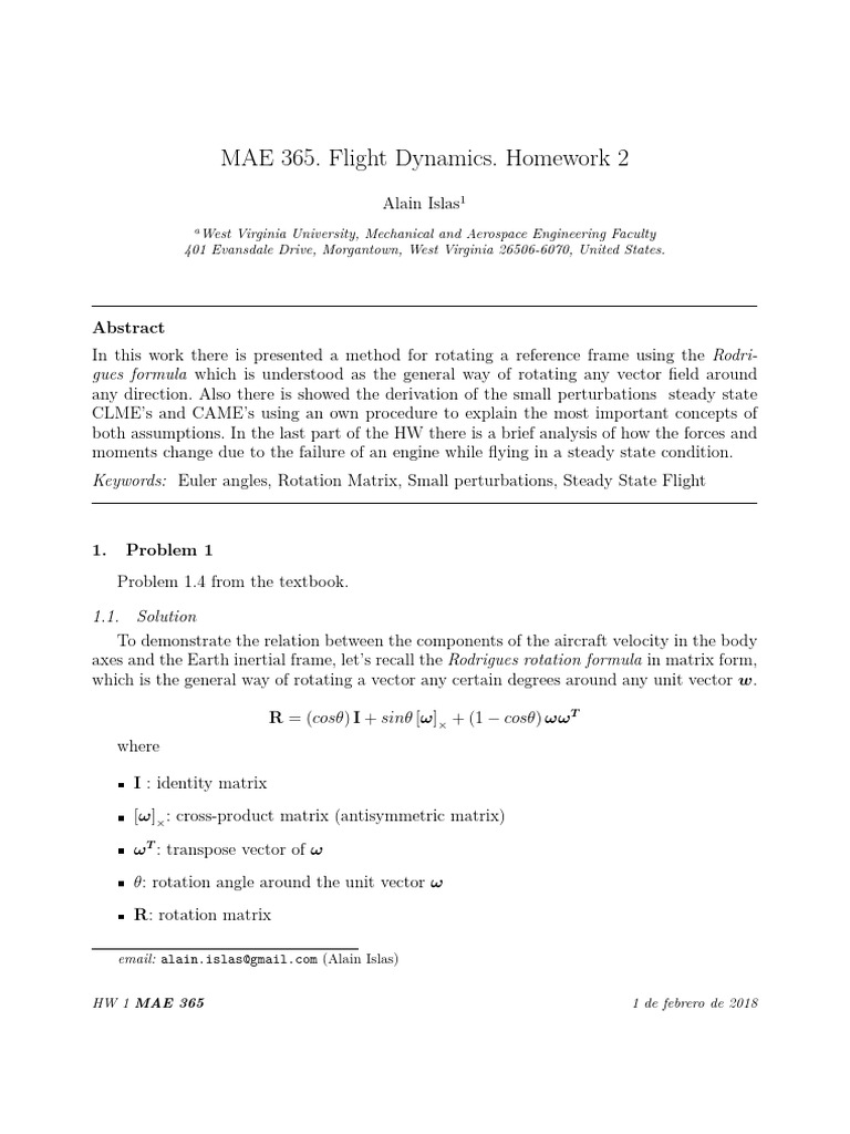 MAE 365. Flight Dynamics. Homework 2 | PDF | Flight Dynamics (Fixed ...