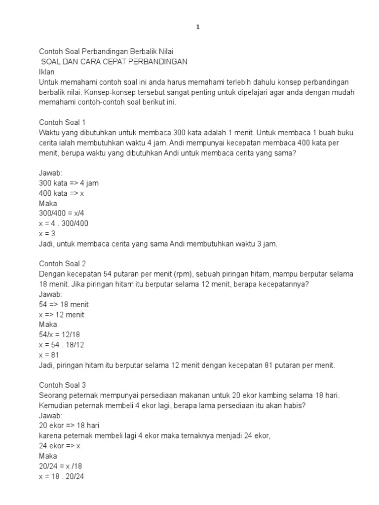 Contoh Soal Perbandingan Berbalik Nilai Jadi 4