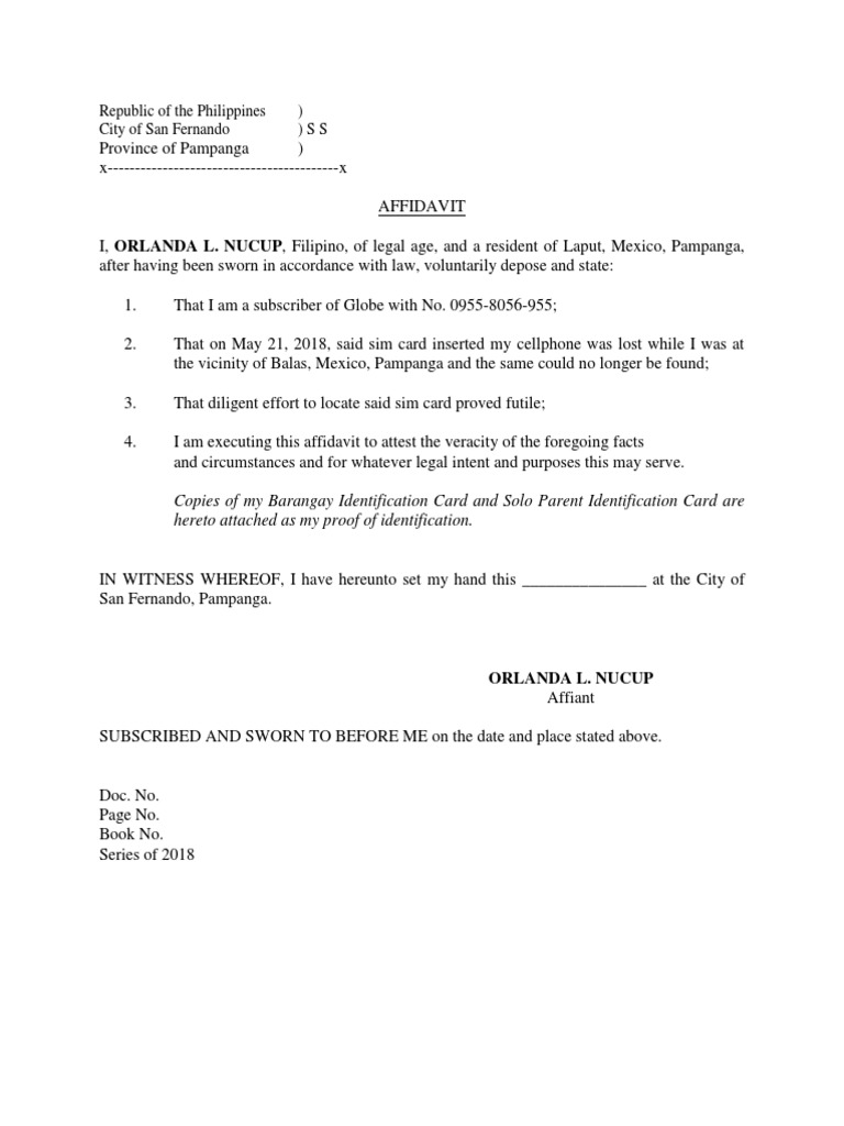 Affidavit Of Lost Sim Card Affidavit Mobile Phones