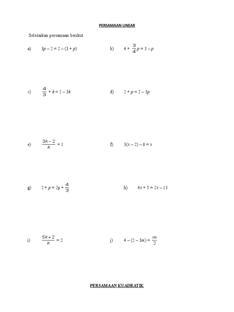 Latihan Persamaan Linear Tingkatan 1