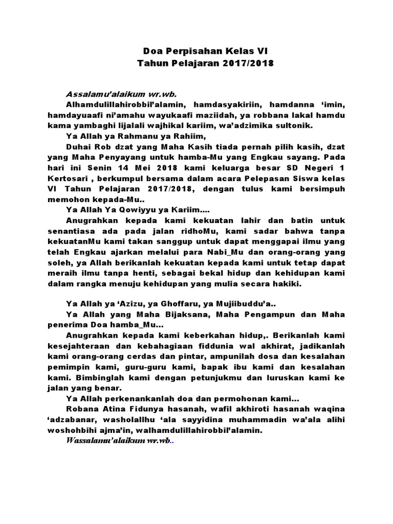 Doa Perpisahan Kelas Vi