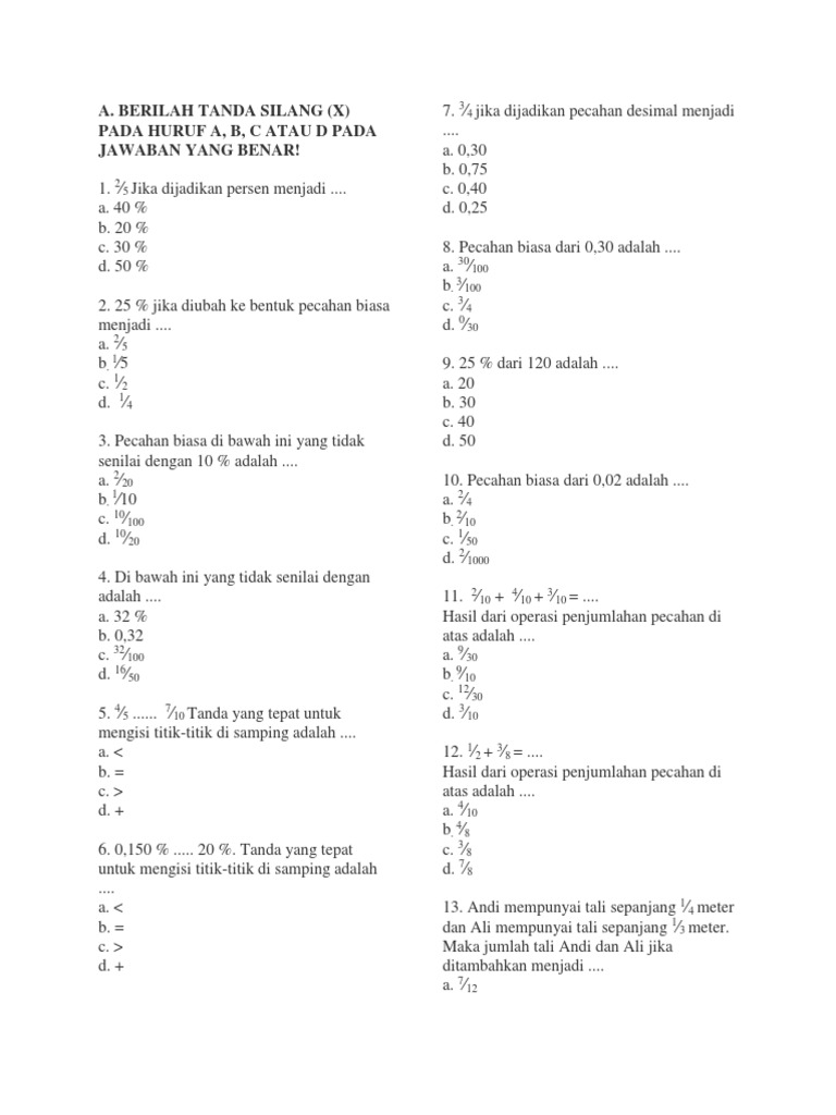Soal Dan Kunci Jawaban Pecahan Sd
