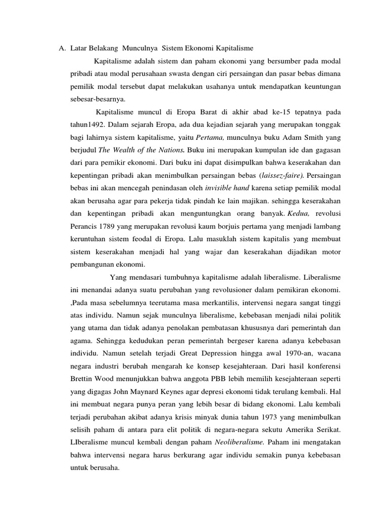 Latar Belakang Munculnya Sistem Ekonomi Kapitalisme