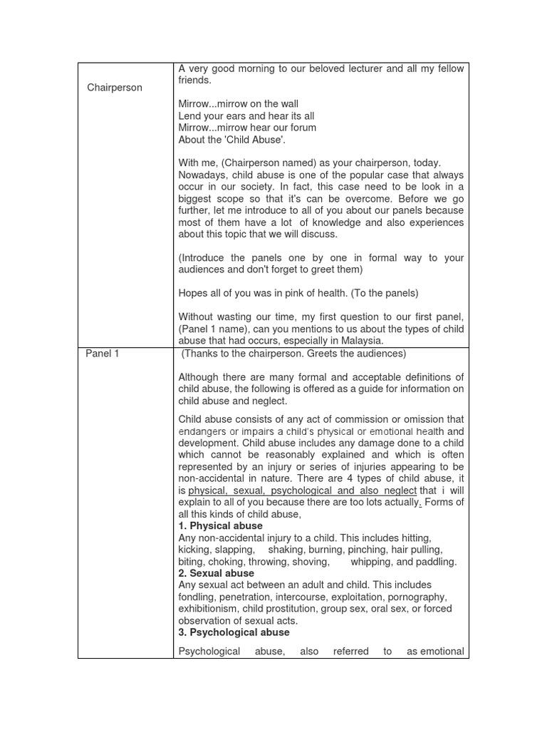 Script For Forum | PDF | Child Neglect | Child Abuse