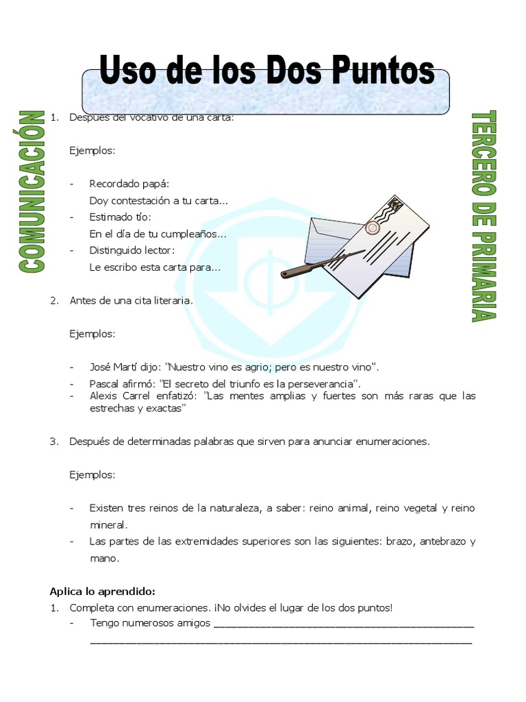 Ficha uso de los dos puntos para tercero de primaria