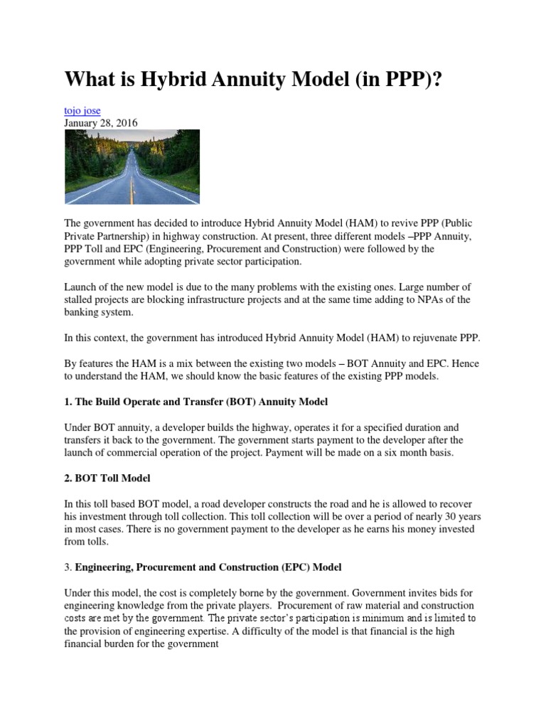 What is Hybrid Annuity Model (HAM) in PPP highway projects PDF
