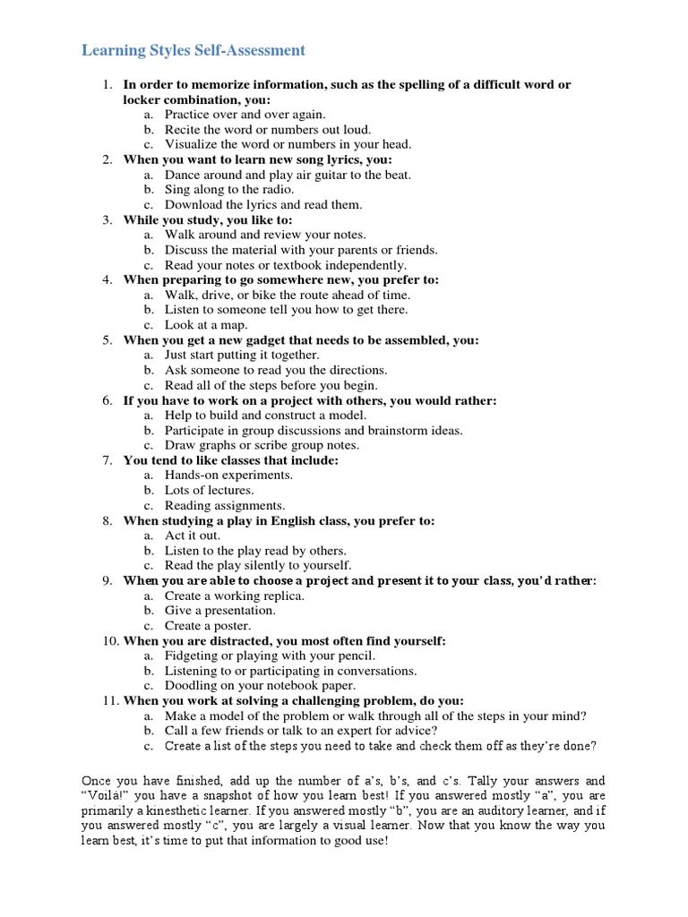 Learning Styles Self-Assessment Guide | PDF | Learning Styles | Learning