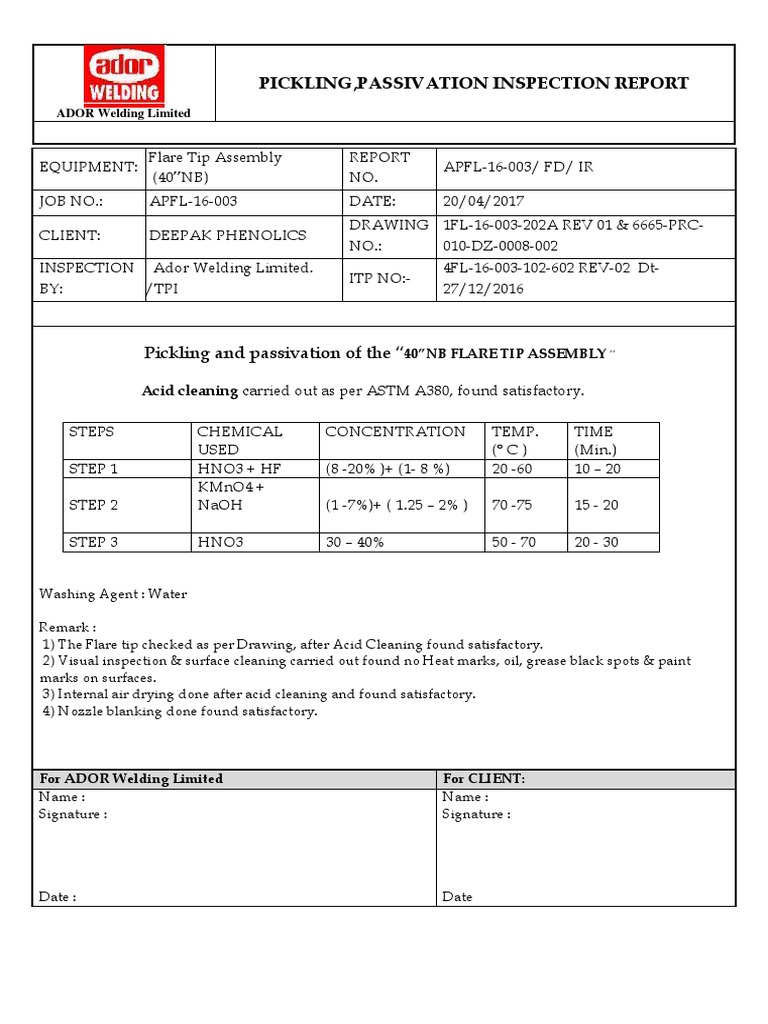 Pickling and Passivation Report | PDF