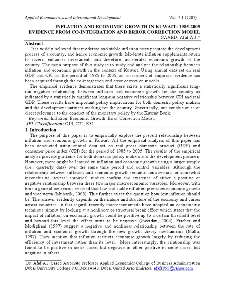 Inflation and Economic Growth in Kuwait: 1985-2005 Evidence From Co ...