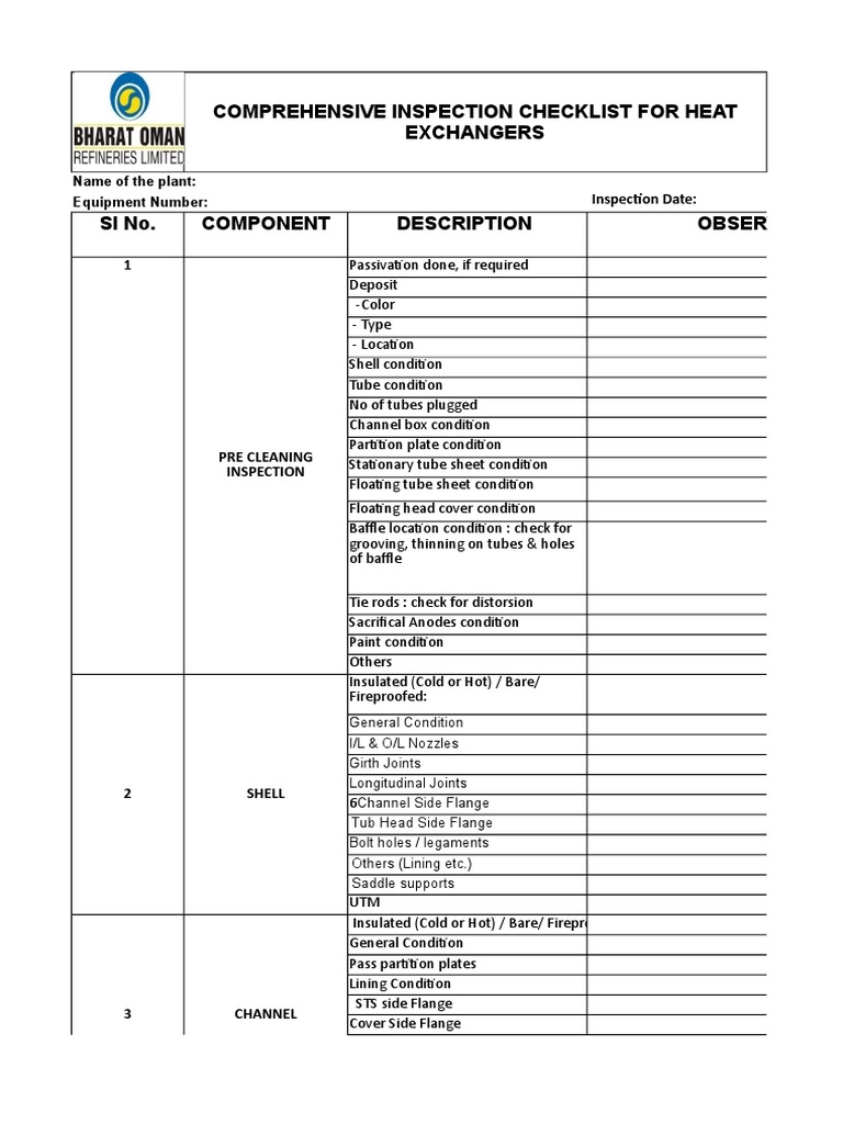 Heat Exchanger Inspection Checklist | PDF | Industrial Processes ...