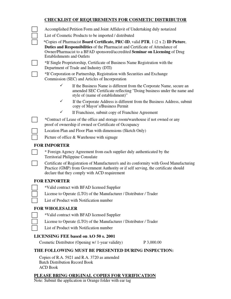 Checklist of Requirements for Cosmetic Distributor Franchising