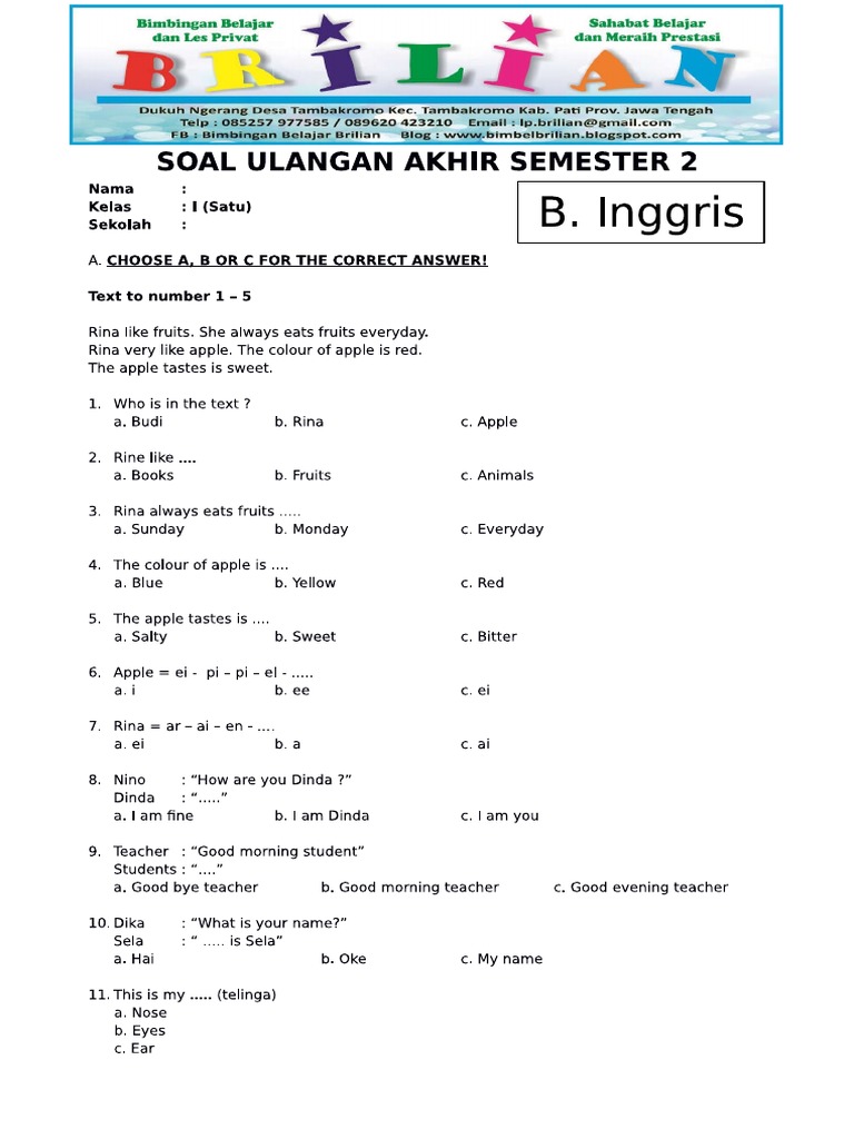 Soal Bahasa Inggris Kelas 3 Sd Semester 1 Pdf Homecare24