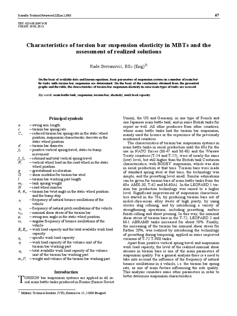 Torsion Bar Suspension Characteristic PDF Suspension (Vehicle) Tanks