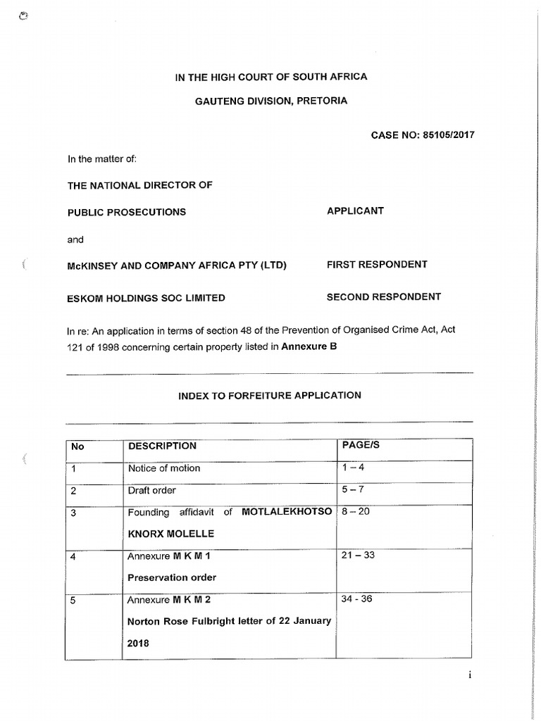 NDPP Fin Forfeiture Application (NDPP V McKinsey & Eskom) 23-5-2018 | PDF
