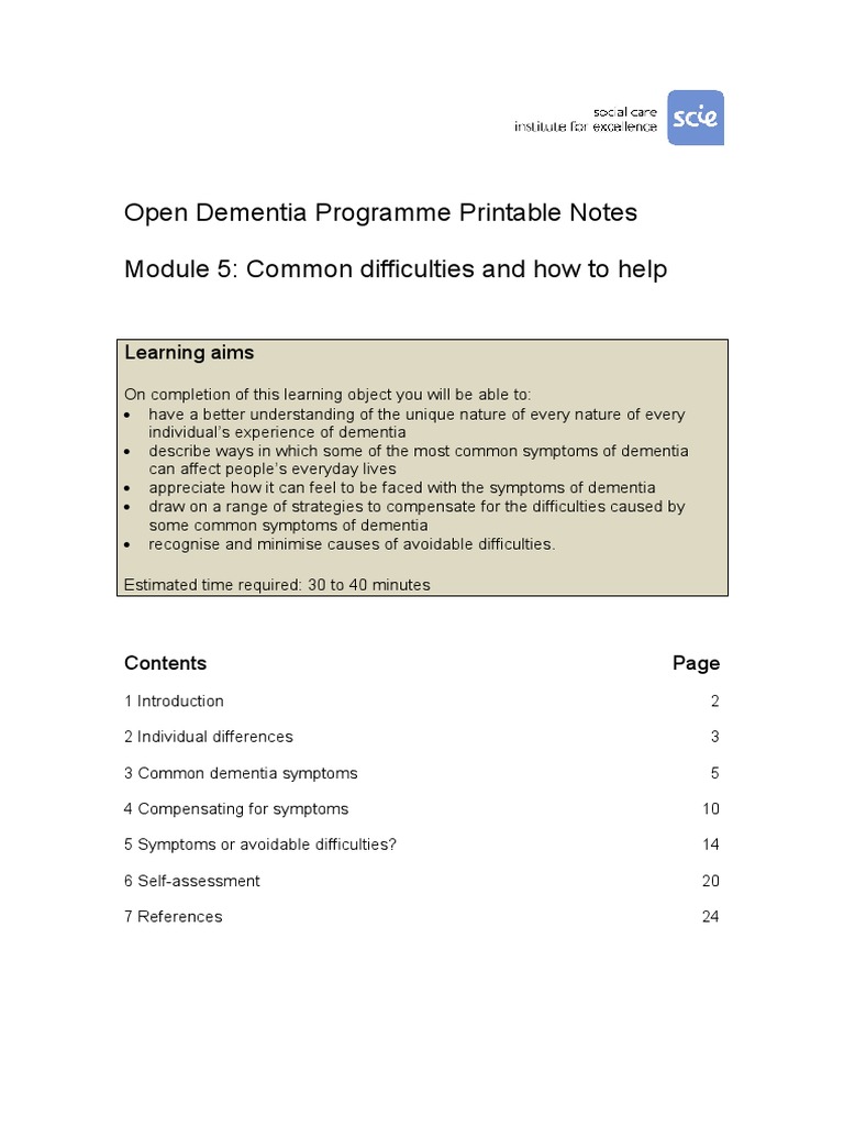 Open Dementia Programme Printable Notes Module 5: Common Difficulties ...