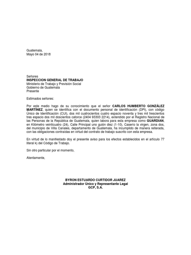 Carta Inspeccion De Trabajo Don Carlos