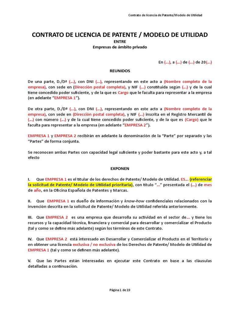 Contrato Licencia Empresa Empresa Esp Patentar Propiedad Intelectual