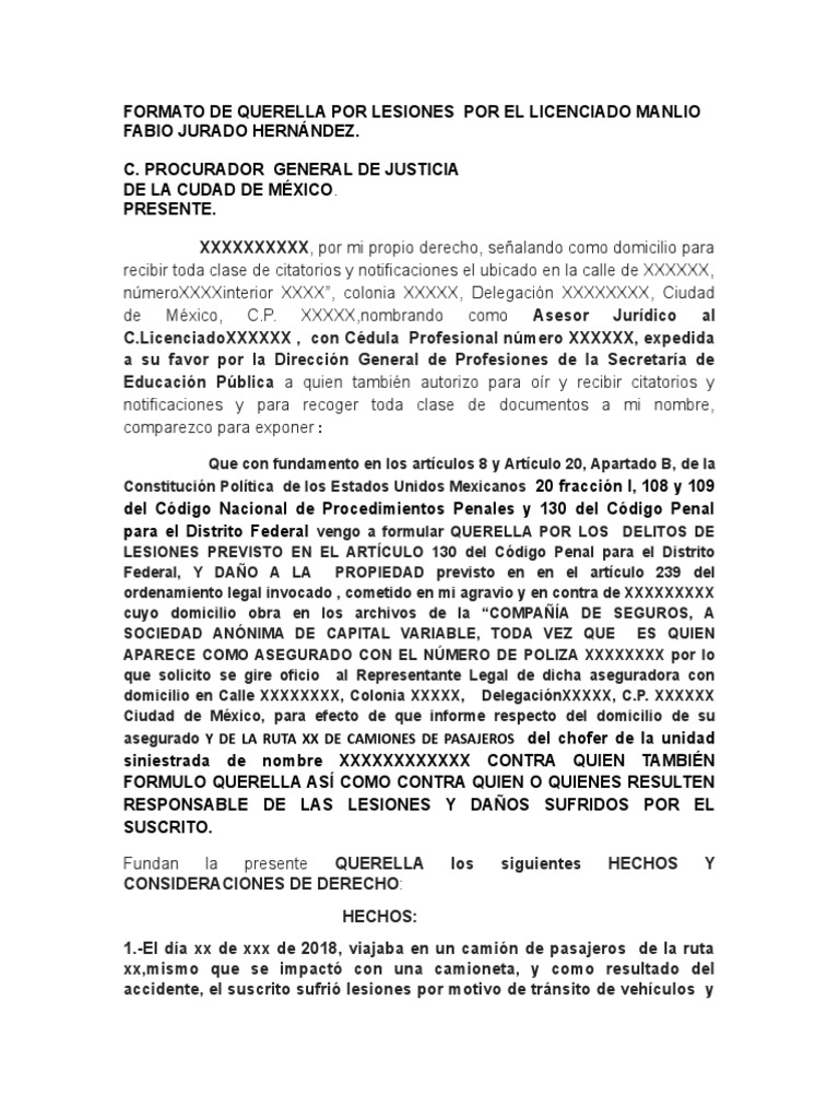 Formato de Querella Por Lesiones Por El Licenciado Manlio Fabio Jurado |  PDF | Derecho penal | Ciudad de México